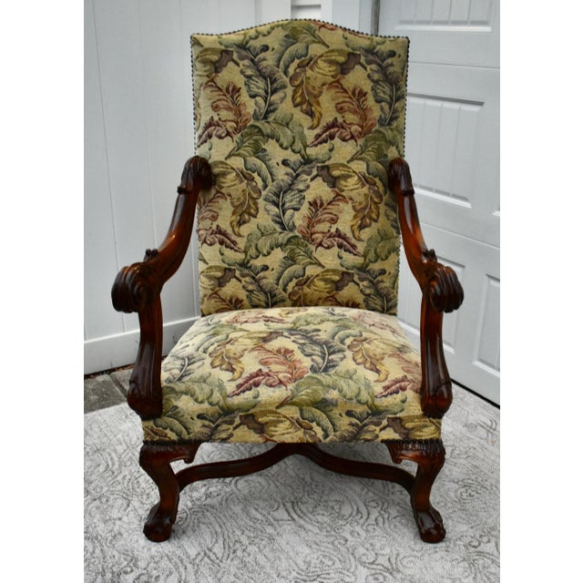 1950s Renaissance Revival Armchair High Back Carved Floral Tapestry For Sale - Image 13 of 13