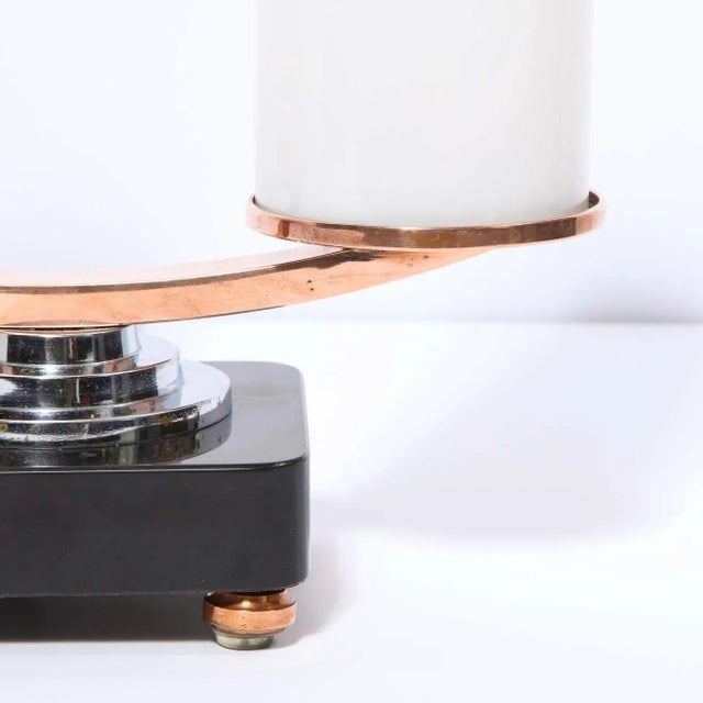 Contemporary Art Deco Machine Age Skyscraper Style Chrome, Copper & Vitrolite Table Lamp For Sale - Image 3 of 9