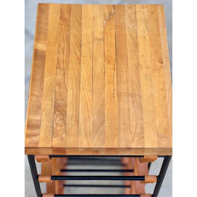Mid-Century Modern Mid-Century Modern 21 Bottle Wine Rack in Leather & Wrought Iron W/ Butcher Block Top Attributed Arthur Umanoff, Usa, C. 1960s For Sale - Image 3 of 5