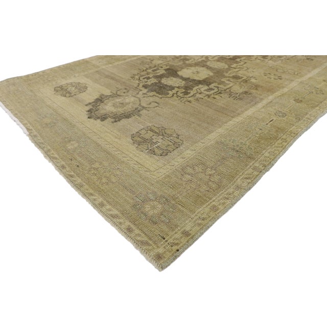 Vintage Turkish Oushak Runner with American Colonial Style. This hand-knotted vintage Turkish Oushak runner features three...