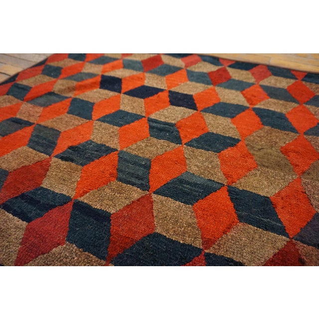 Small Size Happy Red Blue and Tan Color Geometric Tumbling Block Pattern Antique Early 20th Century American Hooked Folk Art Rug For Sale - Image 9 of 10