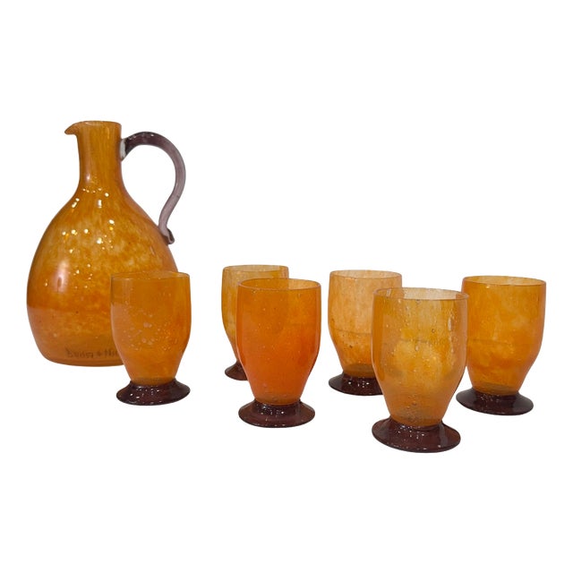 20th Century Art Deco Liquor Set with Jug and Glasses from Daum Crystal, France, 1940s, Set of 7 For Sale