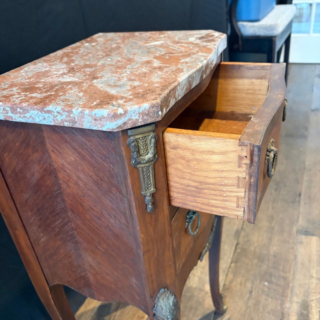 Antique French Walnut & Marble Top Night Stands -a Pair For Sale - Image 9 of 14