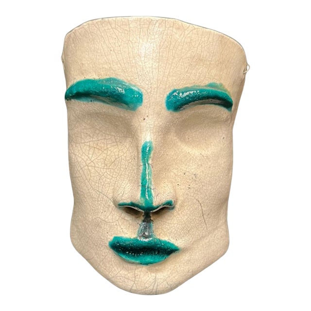 Midcentury Ceramic Face Sculpture With Green Features For Sale
