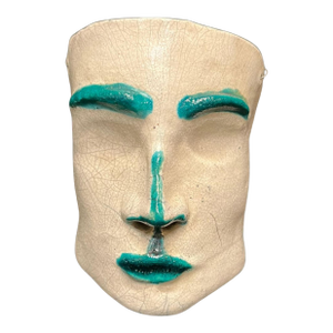 Midcentury Ceramic Face Sculpture With Green Features
