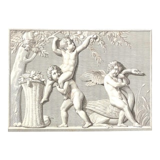 Cupid With a Swan and Boys Picking Fruit Antique Engraving For Sale