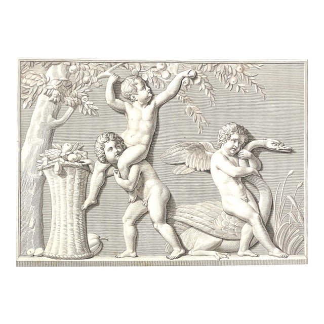 Cupid With a Swan and Boys Picking Fruit Antique Engraving For Sale