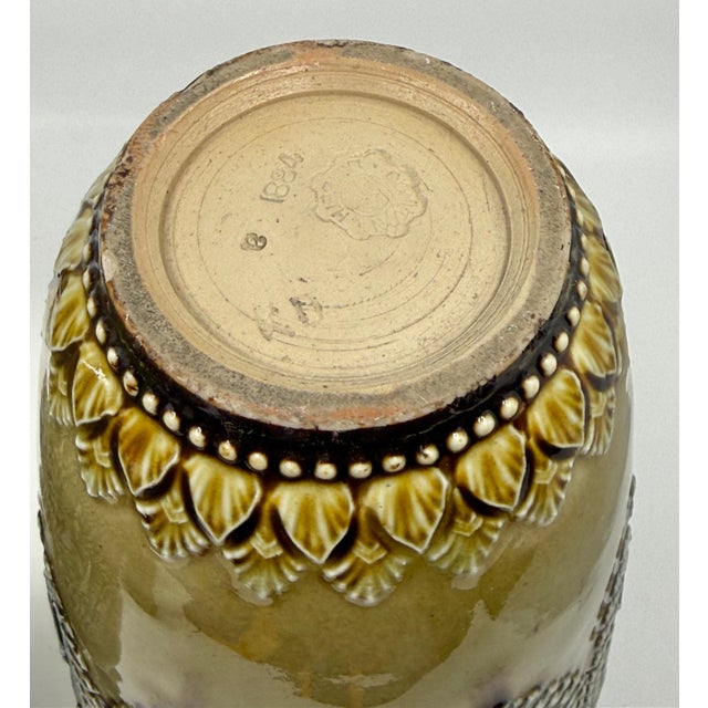 Ceramic Pair of Doulton Lambeth Salt Glazed Decorated Vases 1884 For Sale - Image 7 of 16