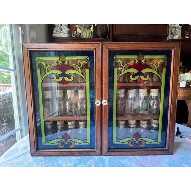 Vintage Art Deco Style Leaded Glass Panel Spice Rack. There are 30 bottles inside rack for your decor. There are 4 shelves...