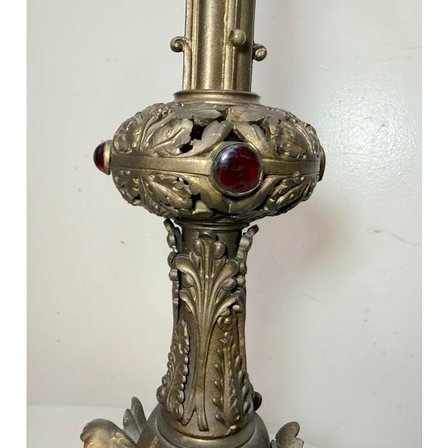 Bronze Antique 1800's Ornate Bronze Religious Candle Holder Electric Table Lamps - a Pair For Sale - Image 8 of 14