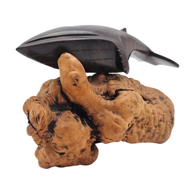 Nautical Hand-Carved Ironwood Whale Sculpture on Natural Burl Base, 9.5" For Sale - Image 3 of 11