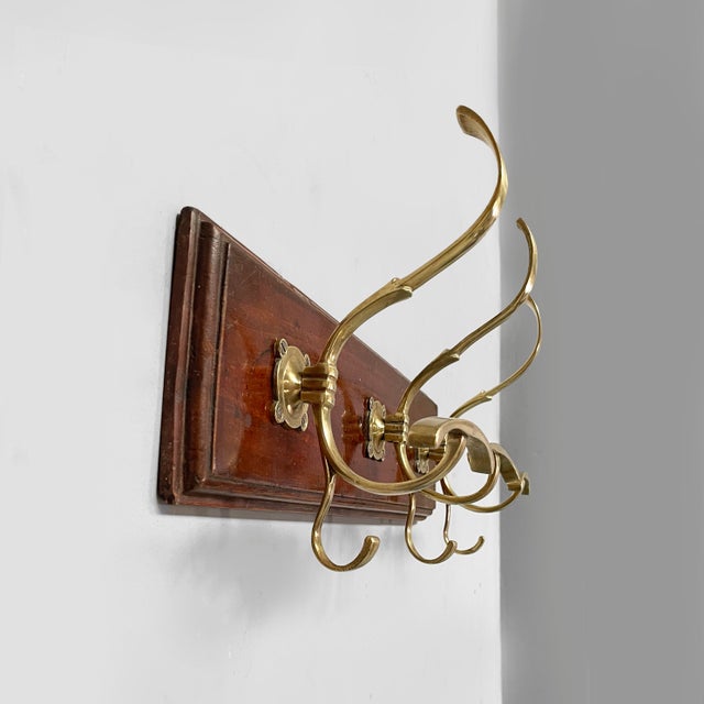 Italian Art Nouveau Wall Coat Rack in Wood and Brass, 1920s For Sale - Image 3 of 11