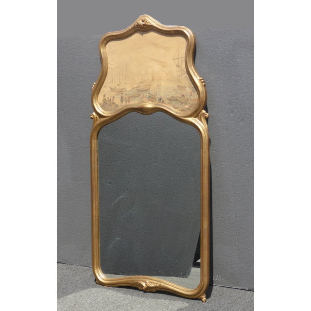 Vintage Trumeau Wall Mantle Mirror Made in Italy Picture of Boats in Harbor For Sale - Image 4 of 13