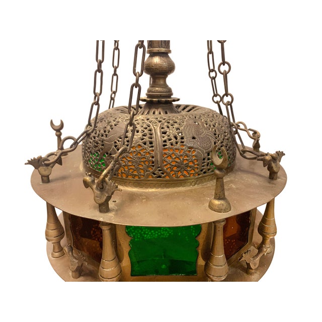 19th C. Moroccan Brass/Colored Glass Figural Chandelier For Sale - Image 4 of 9