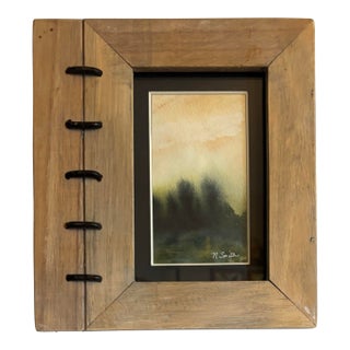 "Morning Mist" - Original Watercolor Miniature Landscape in Rustic Wood Frame For Sale