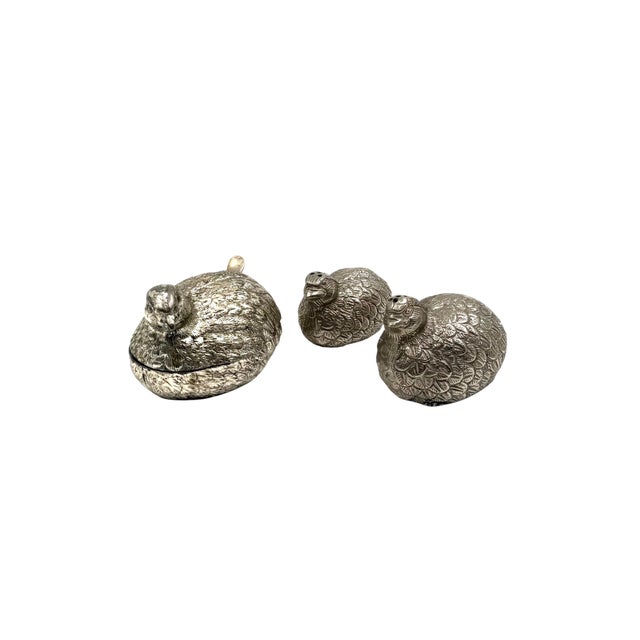 Hollywood Regency 1970s. Hollywood Regency Silver-Plate Quails Shaped Salt and Pepper, Gucci Italy - 3 pcs For Sale - Image 3 of 11