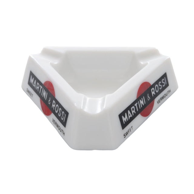 A French Martini & Rossi triangular ashtray. White Opalex is branded Martini & Rossi Sweet Vermouth on each side. Each...