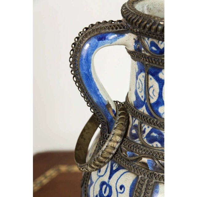 Moroccan Antique Moroccan Footed Vase, Blue & White Ceramic With Filigree For Sale - Image 3 of 9