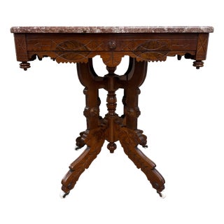 Antique Victorian Eastlake Marble Top Walnut Parlor Table For Sale