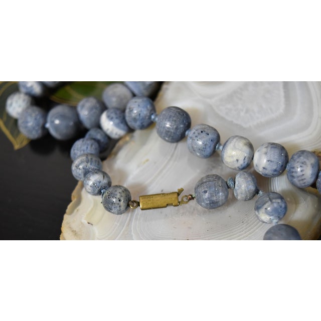 Coastal Vintage Natural Denim Blue Sponge Coral Hand Knotted Bead Necklace 32" Long For Sale - Image 3 of 15