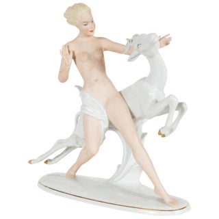 Art Deco Female Figure With Leaping Ibex Porcelain Statue by Wallendorfer For Sale