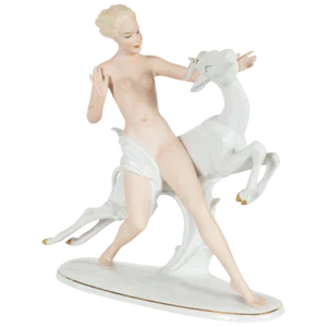 Art Deco Female Figure With Leaping Ibex Porcelain Statue by Wallendorfer