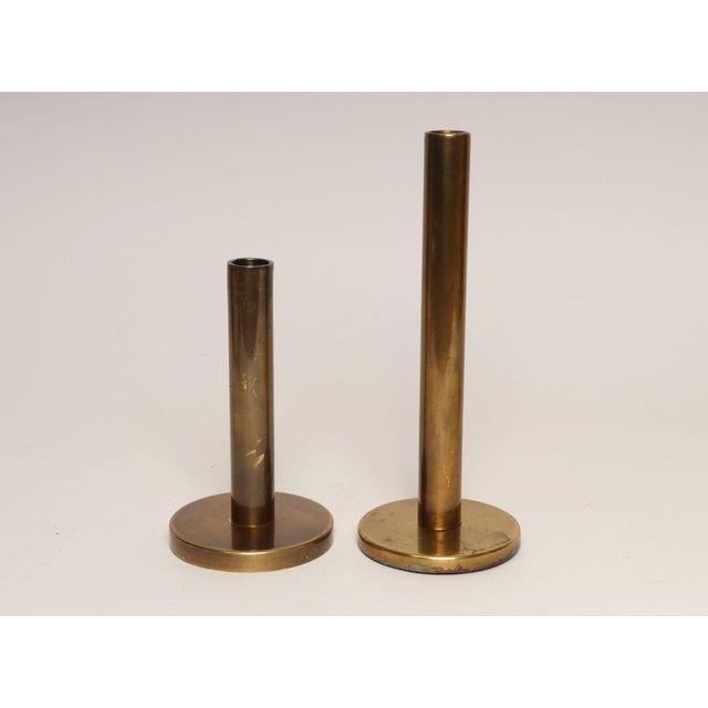 Mid-Century Modern Set of Two Vintage Patinated Brass Candlesticks With Cork Bases For Sale - Image 3 of 18