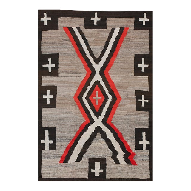 1920s Gray Lozenge Crossing Antique American Navajo Rug 4'9" X 7'3" Flatweave Wool Carpet For Sale