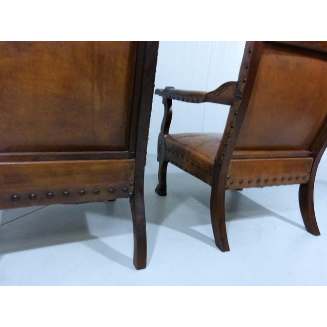 Wood Set of Antique Leather Armchairs with Carps Print, 1890s For Sale - Image 7 of 18