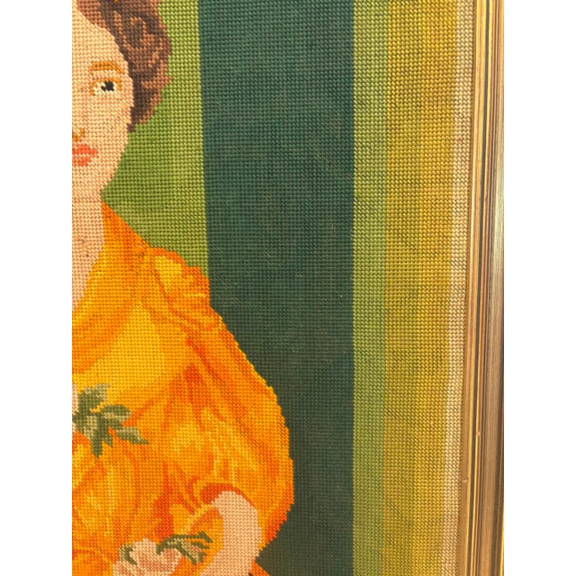 Goldenrod Vintage Framed Needlepoint Portrait of Woman in Golden Dress For Sale - Image 8 of 12