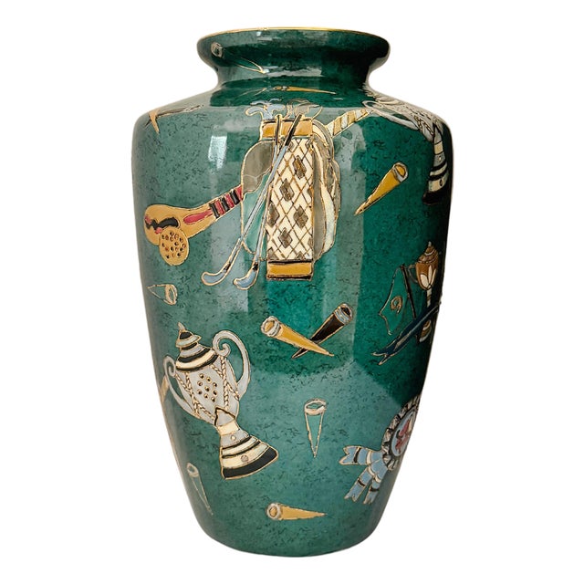 Vintage Golf Motifs Emerald Green Porcelain Vase For Sale