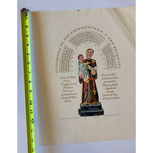 Gold 1980s Isabel Bernal Carlos Anzueta Signed/Numbered Serigraph San Antonio De Padua ‘84 For Sale - Image 8 of 9