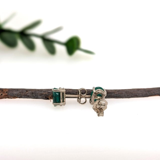 Oval Shape 7x5mm - Zambian Emerald Solitaire Studs in Solid 14k White Gold - Set of 2 For Sale - Image 4 of 4