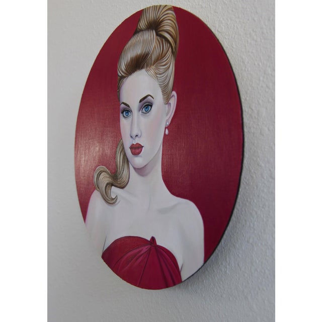 Contemporary Scarlet by Suzy Smith | Oil Painting of a woman in a red dress with styled hair For Sale - Image 3 of 3
