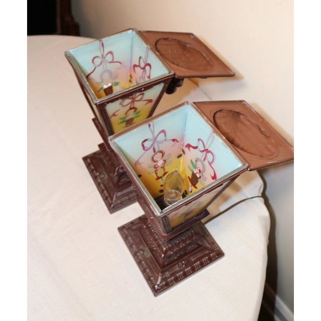 Pair of Antique Vintage Ornate Reverse Painted Glass Metal Table Boudoir Lamps For Sale - Image 12 of 12