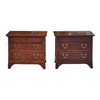Henredon Chinese Chippendale Carved Mahogany Three-Drawer Nightstands - Pair For Sale