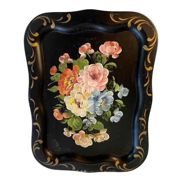 1960 Philadelphia Hand Painted Floral Tole Tray For Sale