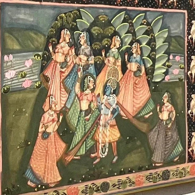 Vintage Indian Pichwai Folk Art Painting on Silk For Sale - Image 11 of 14