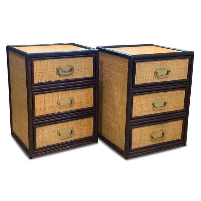 Mid-Century Glazed Rattan 3-Drawer Nightstands, 1950s, Set of 2 For Sale - Image 4 of 14