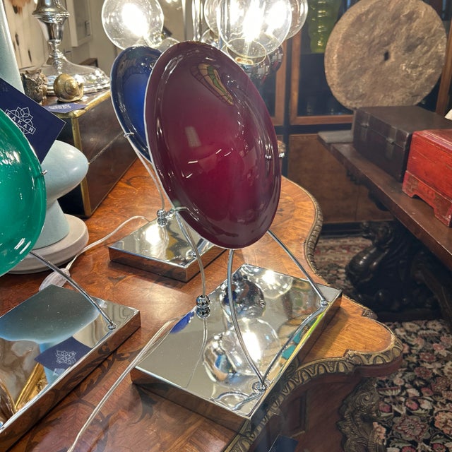 Murano Italian Red Hand Blown Convex Disk and Chrome Frame Tabletop Lamp Style of Murano For Sale - Image 4 of 11