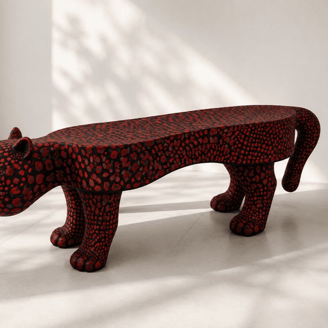 Not Yet Made - Made To Order Handmade Sculptural Leopard Bench,Red & Black Design For Sale - Image 5 of 7