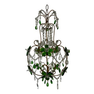 French Emerald Green Flower Crystal Prisms Maison Baguès Style Chandelier For Sale