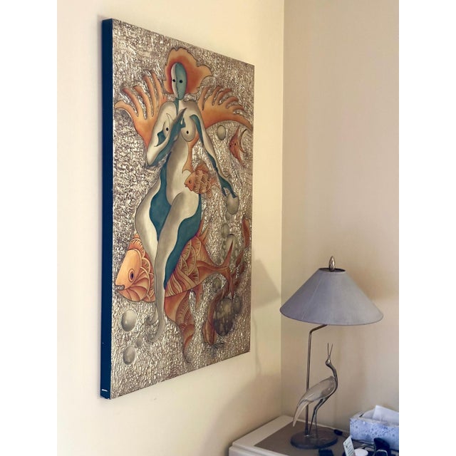 From mid century, a wonderful wall painting of a sea goddess, swimming with the fish and surrounded by bubbles. Highly...