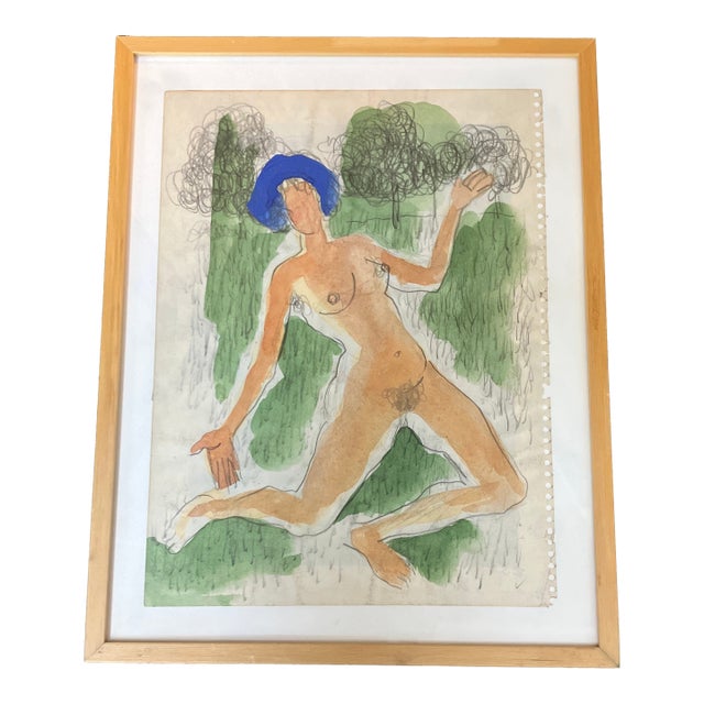1970’s Original Abstract Pencil/Watercolor Painting Abstract Dancing Female Nude Framed For Sale
