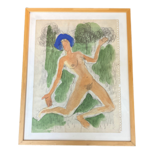 1970’s Original Abstract Pencil/Watercolor Painting Abstract Dancing Female Nude Framed