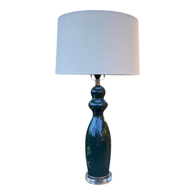 Vintage Emerald Green Ceramic Table Lamp- Lucite Base For Sale
