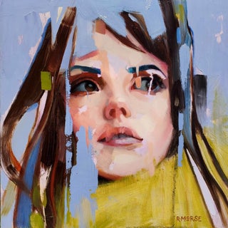 Coming Together by Ryan Morse | Oil on panel Portrait of a woman with flowing hair and a yellow scarf. For Sale