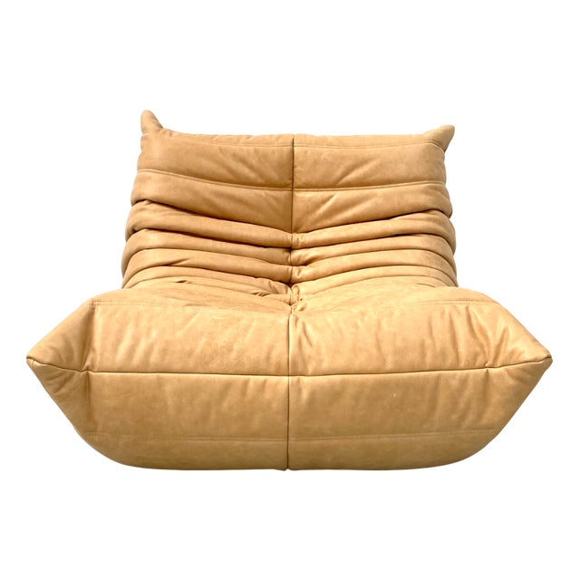 French Camel Leather Togo Lounge Chair attributed to Michel Ducaroy for Ligne Roset For Sale