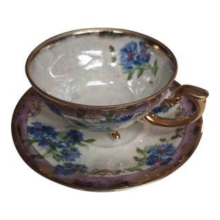 Vintage Occupied Japan Iridescent Lusterware Footed Teacup and Saucer Set For Sale