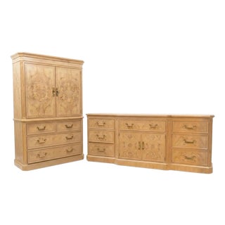 1980s Drexel Heritage Corinthian Olive Ash Burl 2-Piece Bedroom Set For Sale